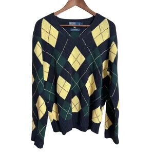 Polo Ralph Lauren Argyle Wool V-Neck Sweater Wool Angora Mens L FLAWED